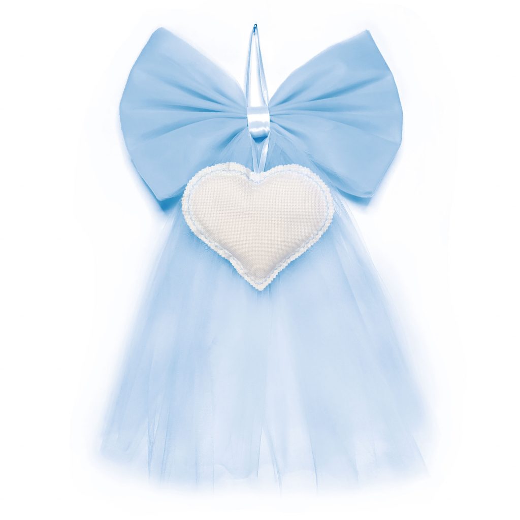 Fiocco Nascita Azzurro Artigianale Con Ricamo E Cuore | Tulle E Pois | 45x25cm